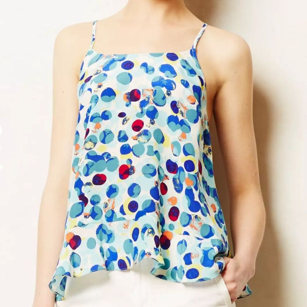 Maeve Anthropologie Zaballa Tank Top Silk Strappy Ruffle Polka Dot Blue White 2